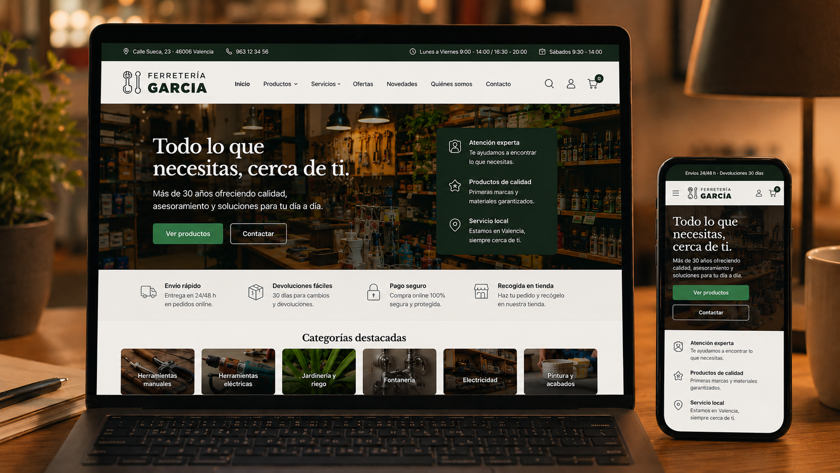 Despues: web de Ferreteria Garcia con servicios y contacto claros